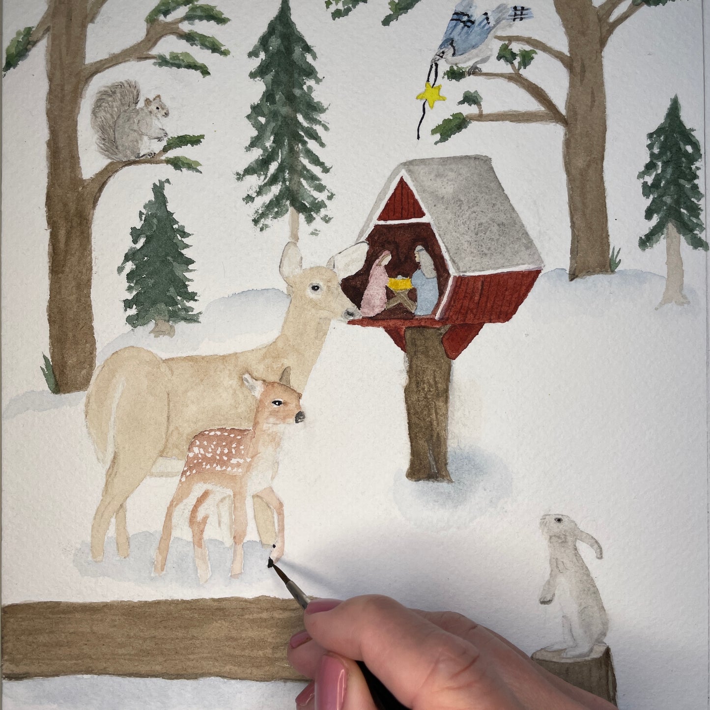 Nativity in the Forest 8x10 Christmas Watercolor Art Print