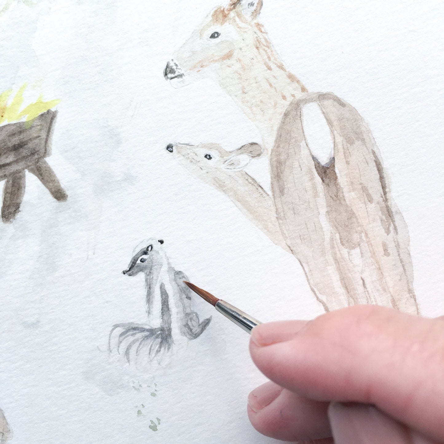 Forest Animals with Manger Watercolor Art Print