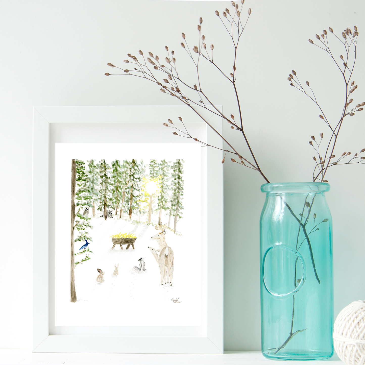 Forest Animals with Manger Watercolor Art Print