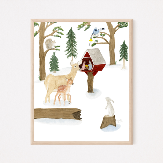 Nativity in the Forest 8x10 Christmas Watercolor Art Print