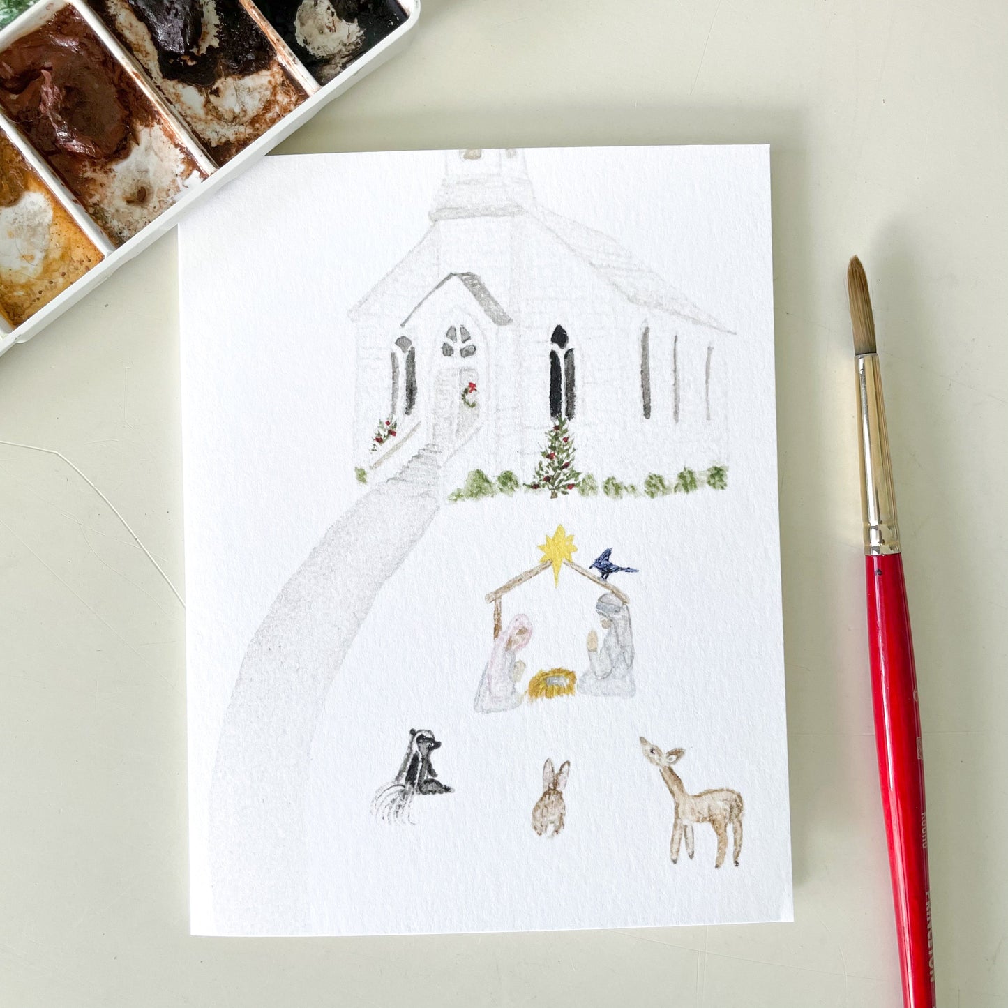 Church Nativity Watercolor Christmas Notecards