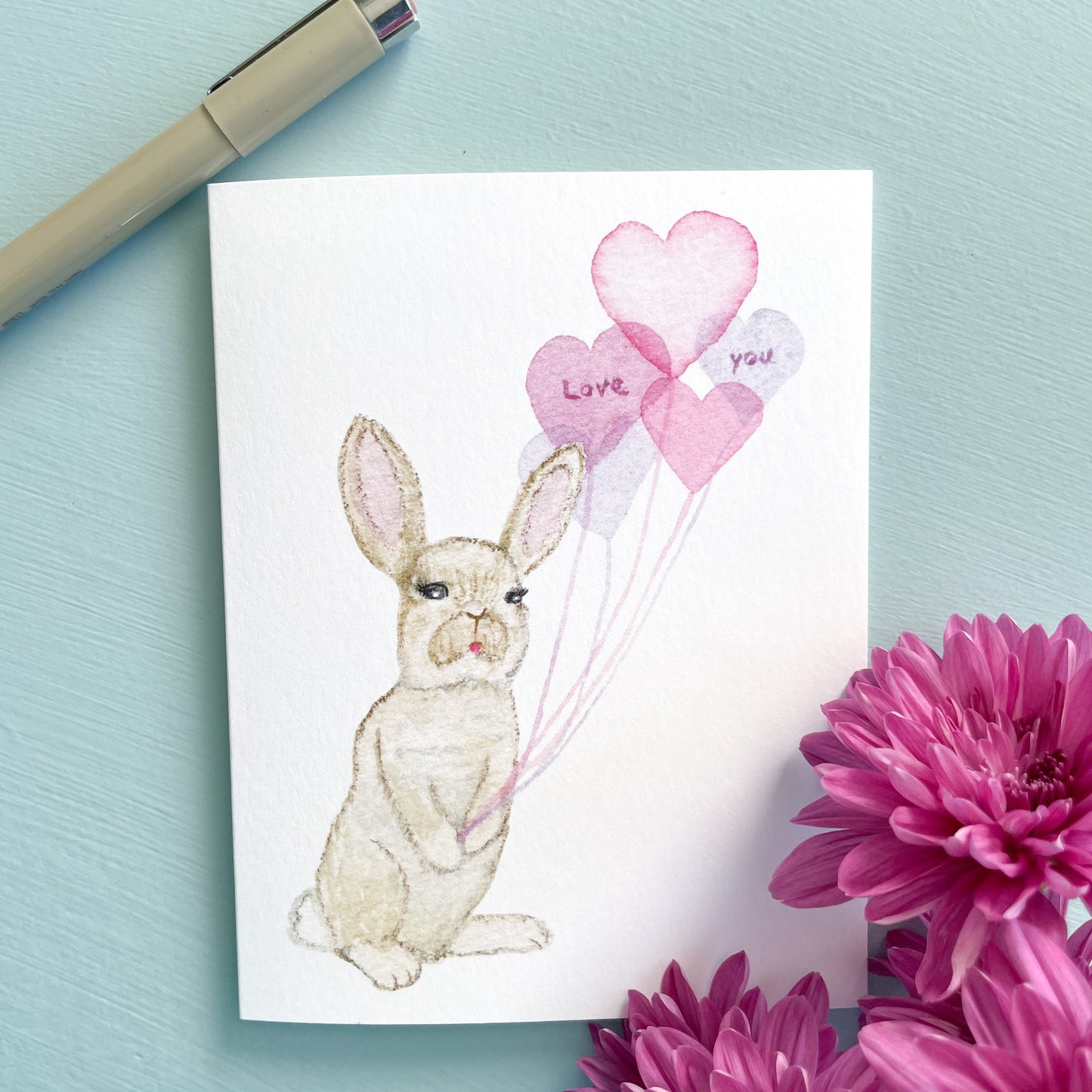 Bunny with Love You Balloons Watercolor Anniversary Greeting Card