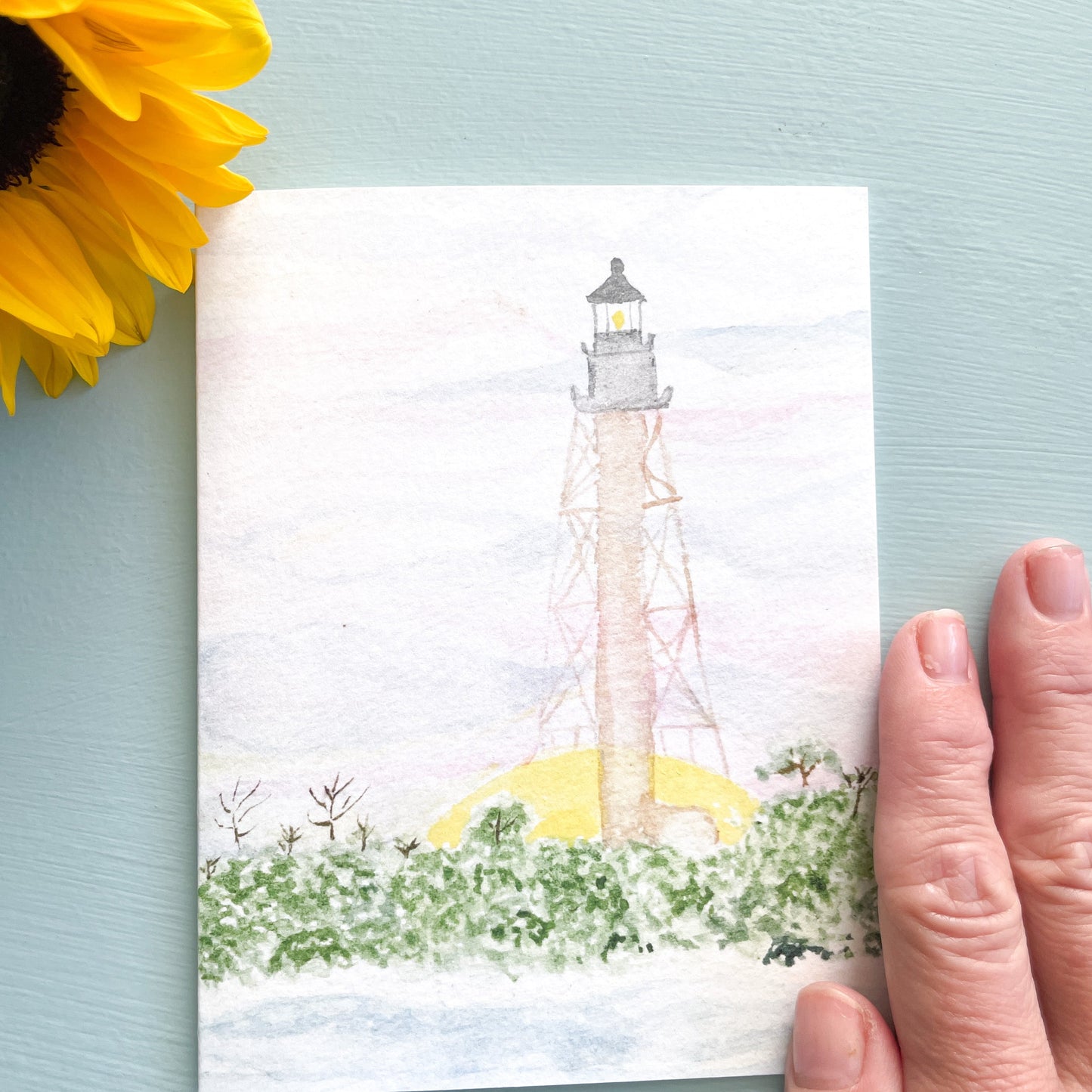 Anclote Lighthouse at Sunset Watercolor Greeting Card