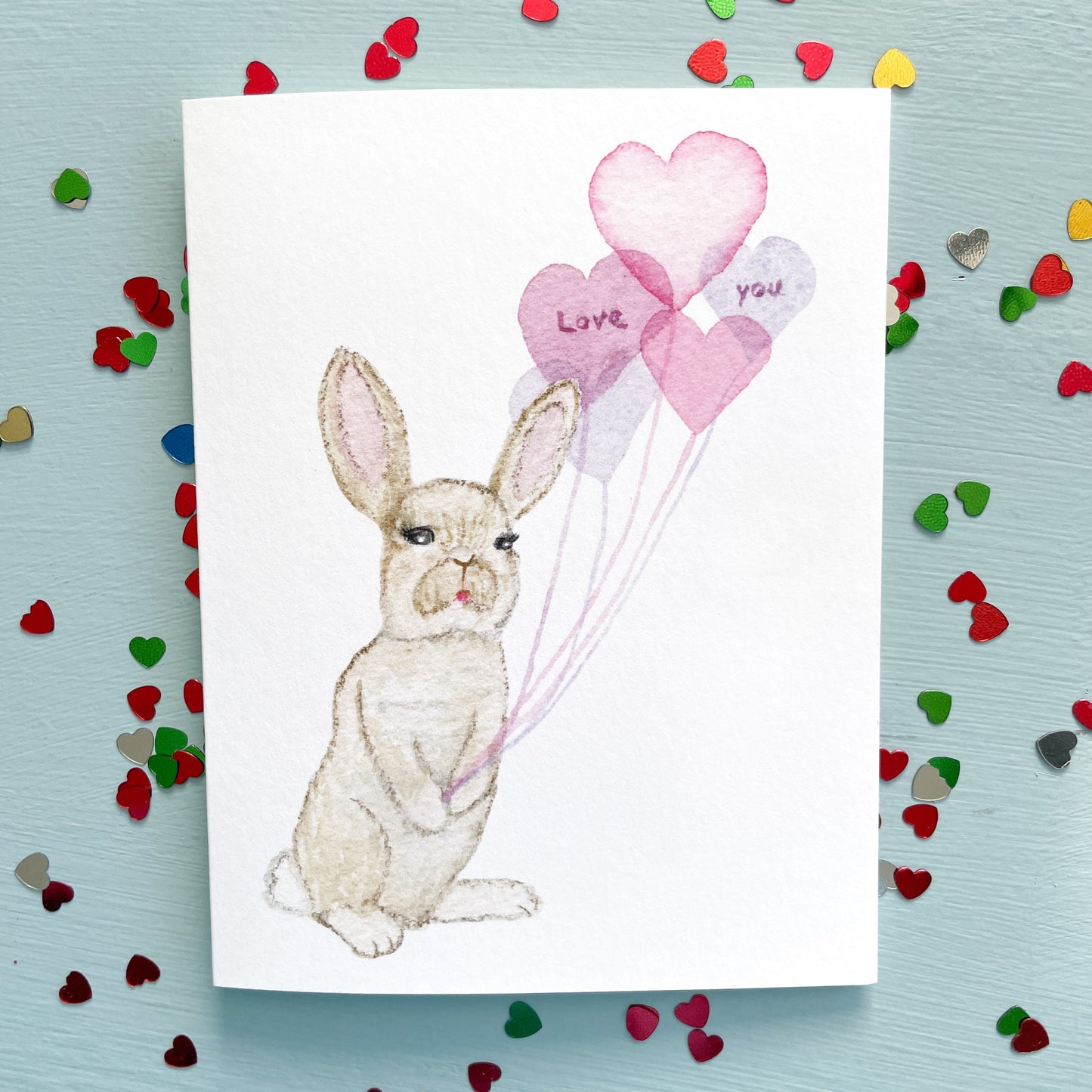 Bunny with Love You Balloons Watercolor Anniversary Greeting Card