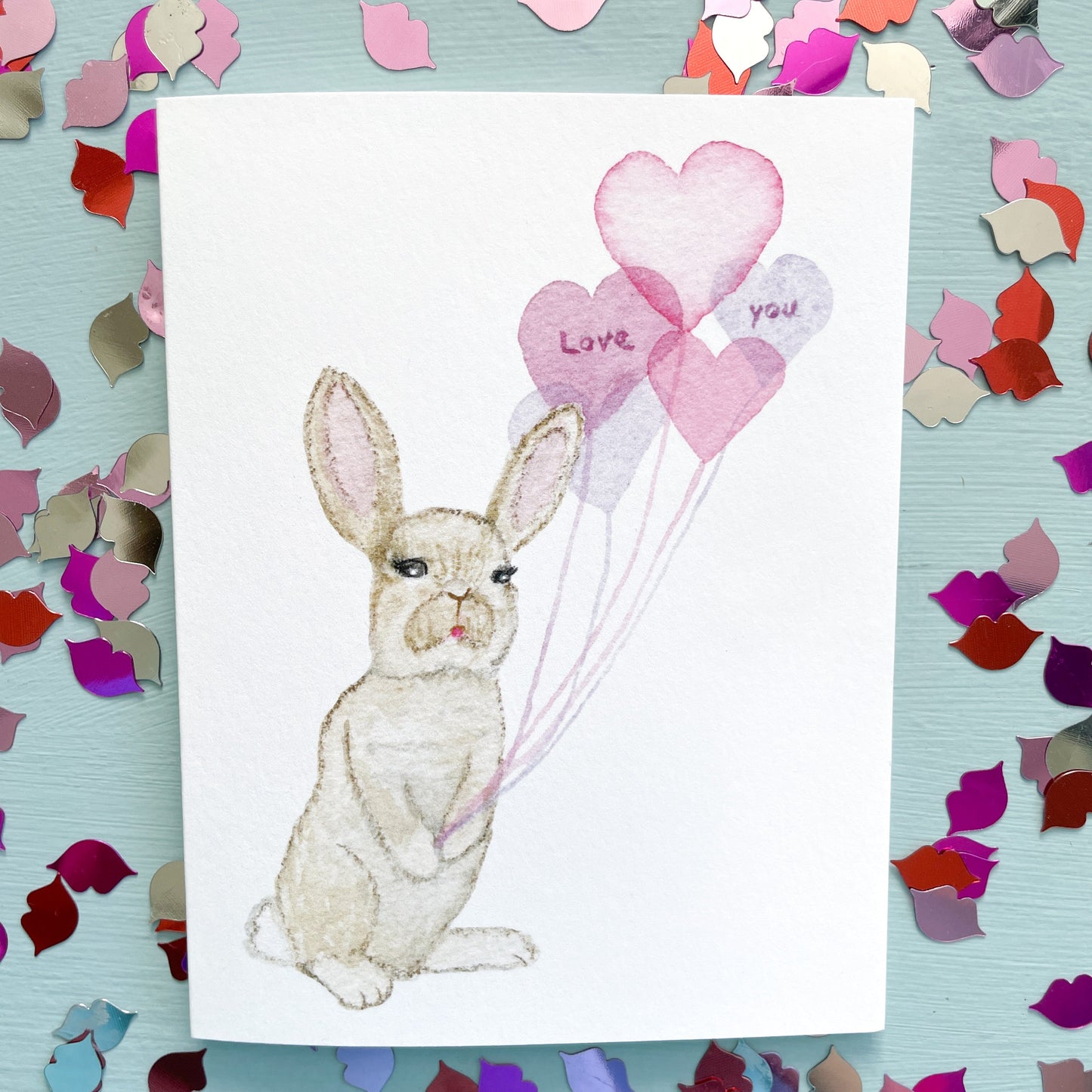 Bunny with Love You Balloons Watercolor Anniversary Greeting Card